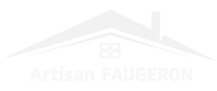 Artisan Faugeron : Expert en Couverture et Toiture Logo Artisan FAUGERON : silhouette de maison blanche avec toit et fenêtre sur fond noir.