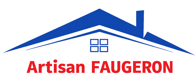 Logo Artisan FAUGERON : toit bleu avec cheminée et fenêtre, texte en lettres capitales rouges sur fond blanc.